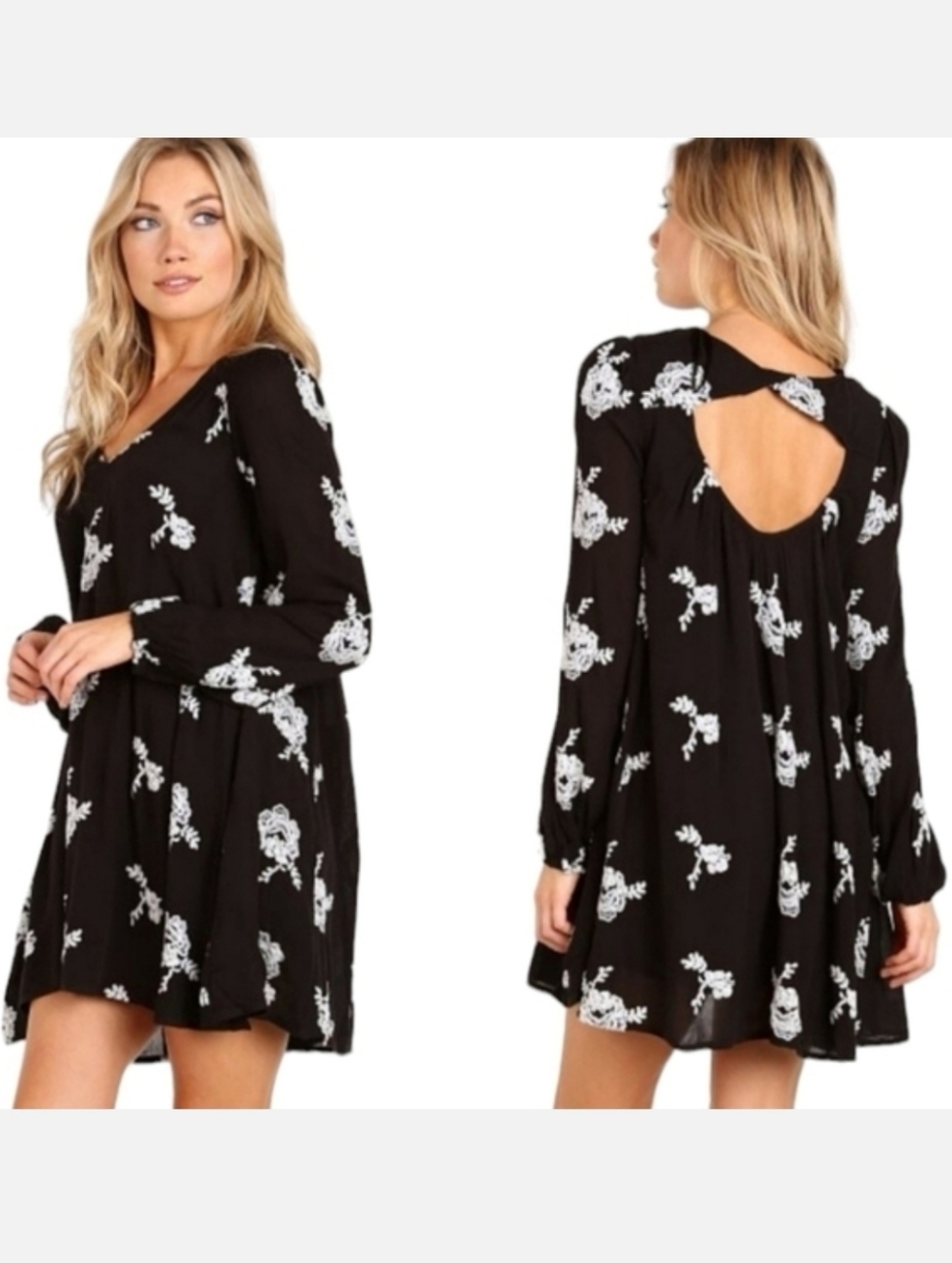 Free People Black Floral Long Sleeve Cut Out Back Dress Size Small